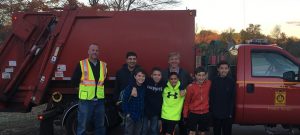 Michael Kascak, Walter Godoy, and an employee of the Natick RTS with five of the original Radioactive Hamburgers, L to R Daniel King, Zachary Brown, Dilin Meloni, Noah Dooley, and Adam Kuechler, the first week that Natick picked up food waste for Hillside.