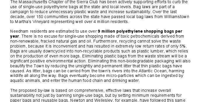 Sierra Club letter of support for the Needham Plastic Bag Ban bylaw proposal